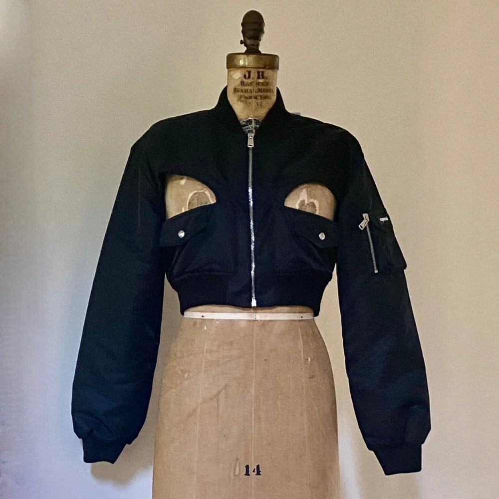 Coperni Cut-Out Cropped Shell Bomber Jacket Black New with Tags US 4 - Picture 14 of 15